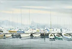 Ellis Zbinden, Sans titre, Bateaux sur le lac, aquarelle sur papier