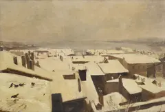 Albert Lugardon, Les toits de Genève en hiver, huile sur papier marouflé sur carton