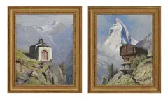 Albert Gos, Le Cervin à Zermatt, 1938, 1938 et " Chapelle près de Grächen sur St-Nicolas ", paire d'huiles sur toile