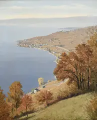 Sans titre by Albert Duplain, 1949, Vue sur le Lavaux, huile sur toile, sold Jun 2023