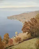 Albert Duplain, Sans titre, 1949, Vue sur le Lavaux, huile sur toile