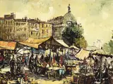 Sergio Cecchi, Marché à puces de Coutance, huile sur toile