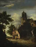 Vue d'une ferme et d'une église by Roelof Jansz van Vries, 1650-1660, huile sur panneau, sold Jun 2023