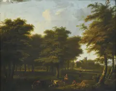 Lazare Bruandet, Paysage de forêt animé, 1792, huile sur panneau