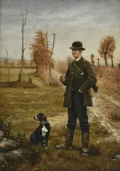 Henri Germain Lacombe, Chasseur et son chien, huile sur panneau