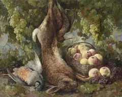 Gioachimo Galbusera, Nature morte au retour de chasse et fruits, huile sur toile