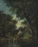 Léon-Victor Dupré, Lavandières au bord d'un étang, huile sur toile