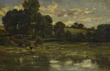 Karl Daubigny, Vaches buvant au bord d'un fleuve, huile sur toile