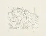 Pablo Picasso, Voyeur sous le lit et artiste en bonnet de marin faisant l'amour avec un mannequin, 1968, eau-forte