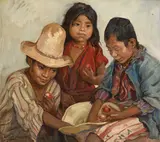 Kurt Leyde, Trois enfants amérindiens mangeant des fruits, 1927, huile sur toile