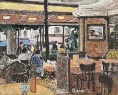 Marko Stupar, Intérieur de café, huile sur toile