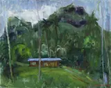 Christian Caillard, La maison brune à Bora-Bora, 1973, huile sur panneau