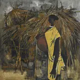 Badwelgar Prabha, Femme devant des cabanes, 1963, huile sur toile