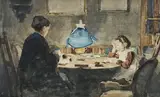 Albert Anker, Jeunes filles à l'étude ( Die Gattin des Künstlers mit Töchterchen Céline), aquarelle sur papier