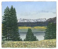Philipp Bauknecht, Sans titre, 1910-1914, Le lac de Davos avec vue sur Höhwald, huile sur toile