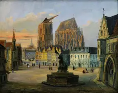 Ferdinad Lepié, Námestie s katedrálou v pozadí, 1848, olej na plátne