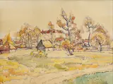Václav Jícha, Dedinka, okolo 1960, akvarel na papieri