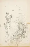 (Folio) Pastierik s píšťalkou a sediaci paholok - Portrét chlapca v saku - Skice nôh a figúry by Ladislav Mednyánszky, okolo 1880-1900, ceruza, tuš na papieri, sold Dec 2009