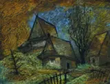 Tri chalupy by Janko Alexy, okolo 1955, pastel na papieri, sold Dec 2009