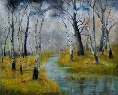 Brezový háj by László Kézdi-Kovács, okolo 1920, olej na dreve, sold Dec 2009