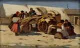 Pörge Gergely, Na dedinskom trhu, okolo 1910, olej na dreve