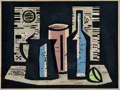Andrej Barčík, Zátišie s mesiacom, 1958, farebný drevoryt na papieri