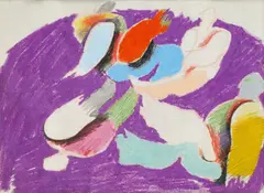 Figúry v interiéri by Milan Paštéka, okolo 1975, kresba pastelom, farebnými ceruzami na papieri, sold Oct 2009