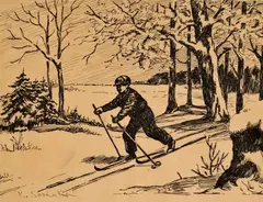 Karl Sovanka, Lyžiar v zime, okolo 1930, kresba perom, tušom na papieri