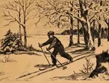 Karl Sovanka, Lyžiar v zime, okolo 1930, kresba perom, tušom na papieri