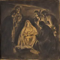 Andrej Kováčik, Narodenie, 1946, lavírovaná kresba tušom, uhoľ, ceruza na papieri
