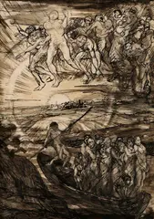 Anton Jasusch, Putovanie duší, okolo 1930, lavírovaná kresba tušom, perom, štetcom na papieri