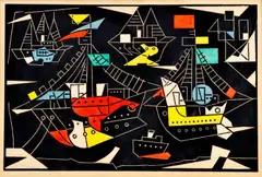 Loďky by Ľudovít Fulla, okolo 1960, farebný linoleoryt na papieri, sold Oct 2009