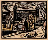 Ernest Zmeták, Zima pod hradom, 1962, farebný drevorez na papieri