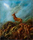 W. Plowman, Jeleň s troma srnkami, okolo 1900, olej na plátne