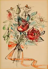 Karel Svolinský, Kytica s tulipánmi, 1957, lavírovaná kresba tušom, akvarelom na papieri