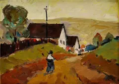 Zena s hrabľami by Július Barta, okolo 1960, olej na preglejka, sold Jun 2009