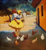 Žena na dedinskom dvore by Jozef Teodor Mousson, okolo 1935, olej na plátne, sold Jun 2009