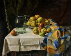 František Gyurkovits, Zátišie s jablkami a zeleným skleneným džbánom, 1933, olej na plátne