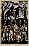 Ernest Zmeták, Poďme chlapci, 1962, drevorez na papieri, ručne kolorovaný akvarelom