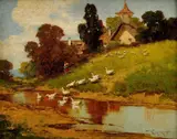 László Neogrády, Pastierka husí pri potoku, okolo 1930, olej na plátne