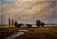 Pastierka husí na puste by Mesterházy Dénes, okolo 1940, olej na kartóne, sold Jun 2009