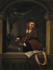 S. M. Monogramista, Muzikant v arkáde, okolo 1800, olej na mosadznom plechu