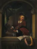 S. M. Monogramista, Muzikant v arkáde, okolo 1800, olej na mosadznom plechu