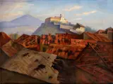 Jozef Satin, Nitriansky hrad po bombardovaní, 1945, olej na plátne