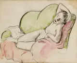 Victor Belanyi, Akt na zelenej pohovke, okolo 1910, kresba uhlom, kolorovaná akvarelom na papieri