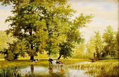 Gustáv Mallý, Kravy pri jazierku, okolo 1910-14, akvarel na papieri