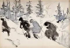 Imro Weiner-Kráľ, Štyria v zime, okolo 1950, kresba uhľom, tušom na papieri