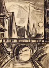 Viliam Chmel, Mesto v mesačnom svite, 1943, kresba uhľom na papieri