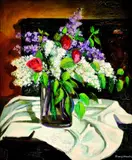 János Lajos Tihanyi, Zátišie s kyticou orgovánov a tulipánmi, okolo 1930, olej na plátne