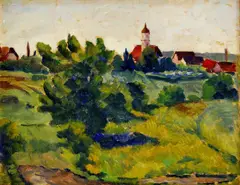 Béla Balla, Pohľad na dedinu s kostolom, okolo 1940, olej na kartóne